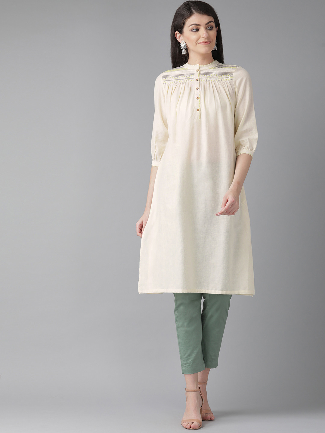 

W Women Cream-Coloured & Grey Solid A-Line Kurta