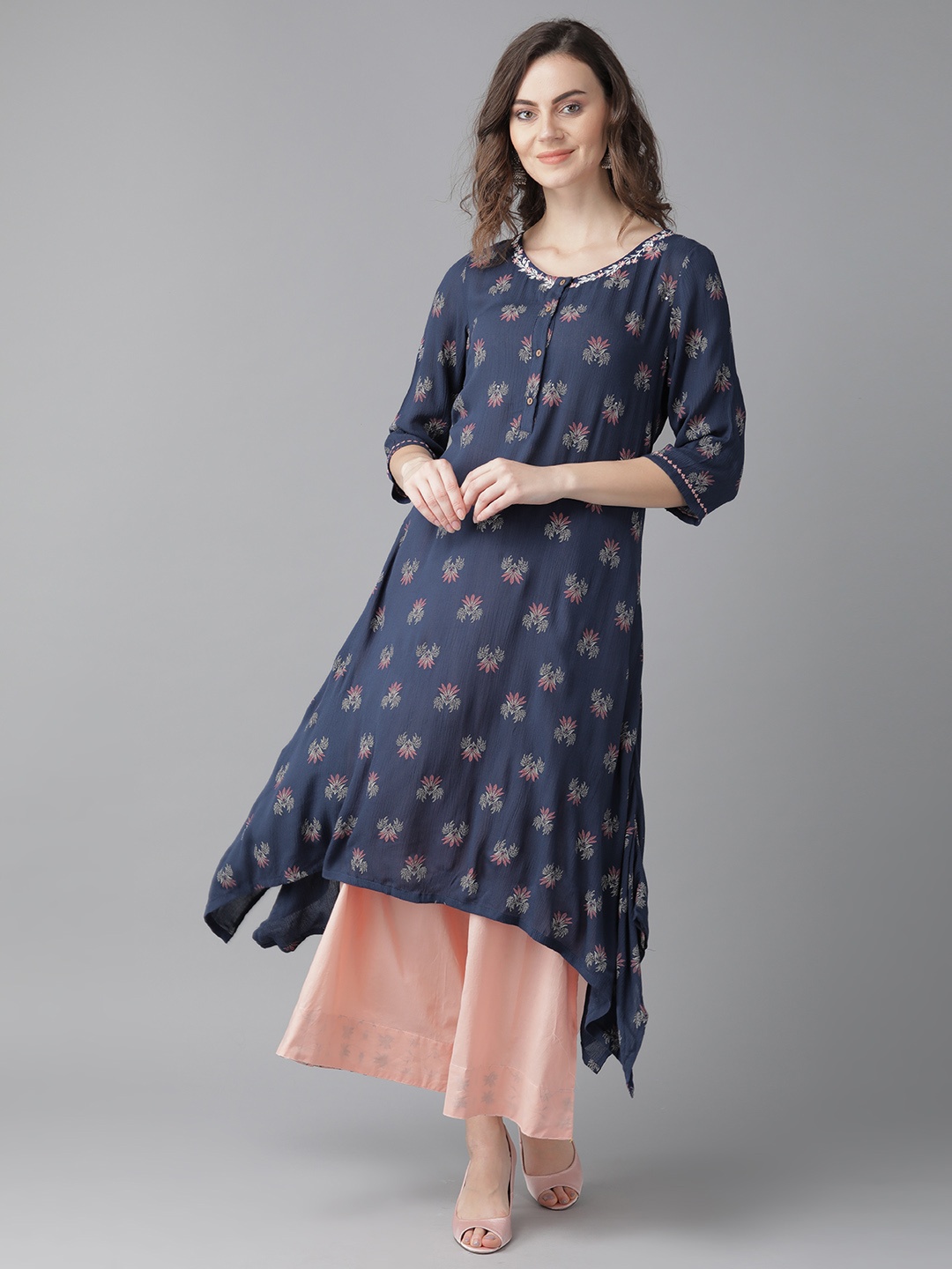 

W Women Navy Blue & Pink Printed A-Line Kurta