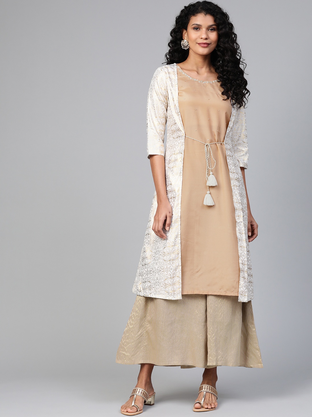 

W Women Off-White & Beige Layered Printed Beaded A-Line Kurta