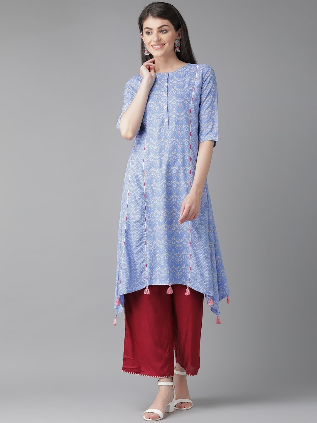 

W Women Blue & White Printed A-Line Sustainable Kurta
