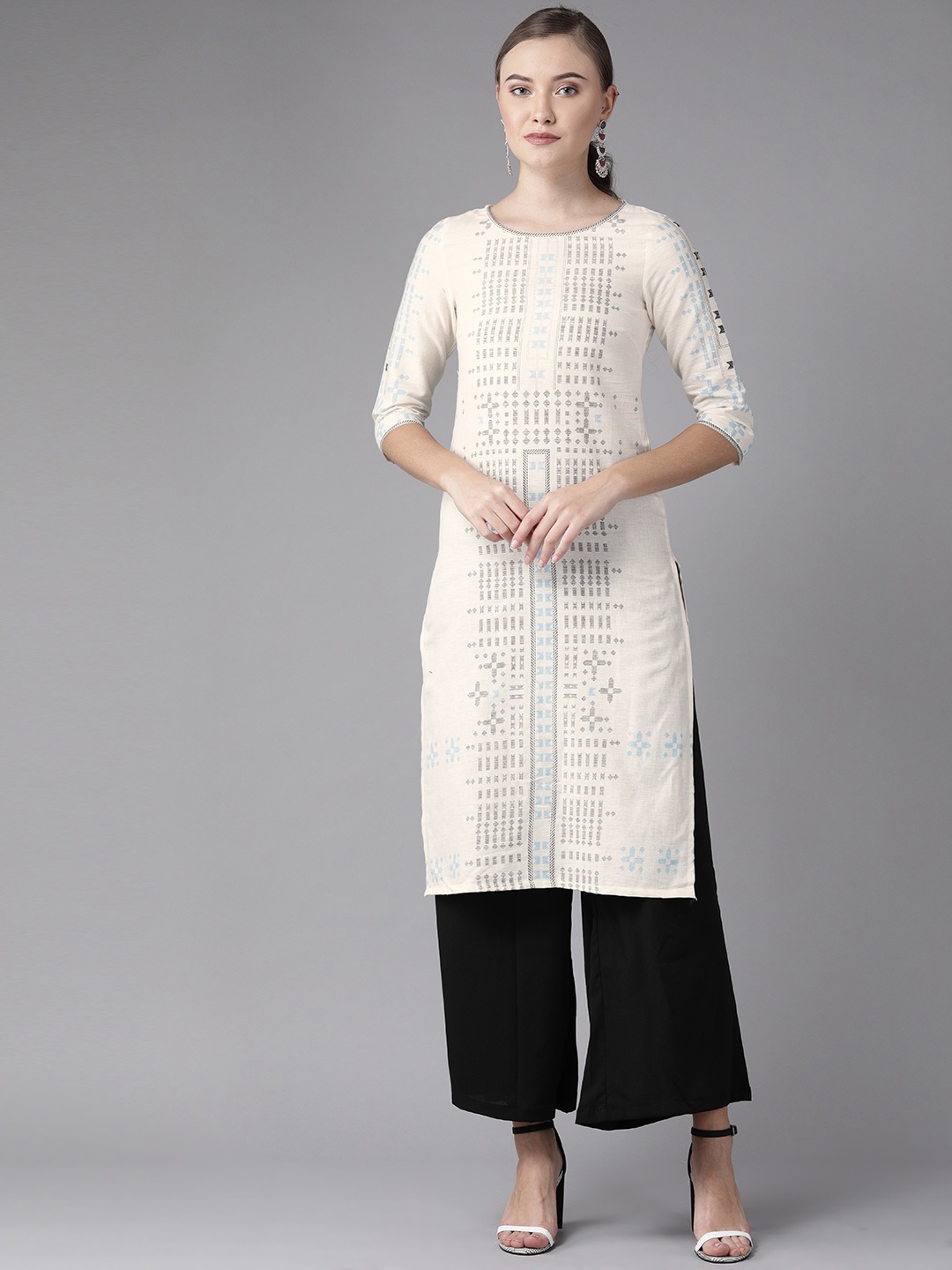 

W Women Off-White & Black Printed Straight Kurta