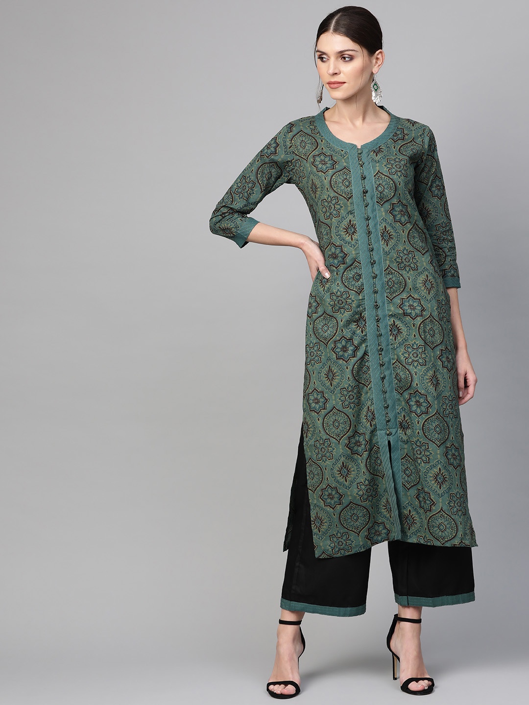 

Indo Era Women Green & Black Screen Printed Kurta with Palazzos