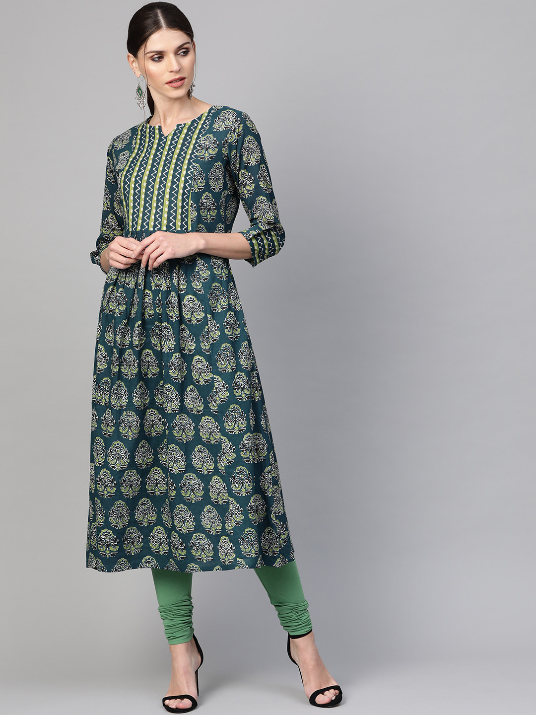 

Indo Era Women Teal Blue & Green Screen Printed A-Line Kurta