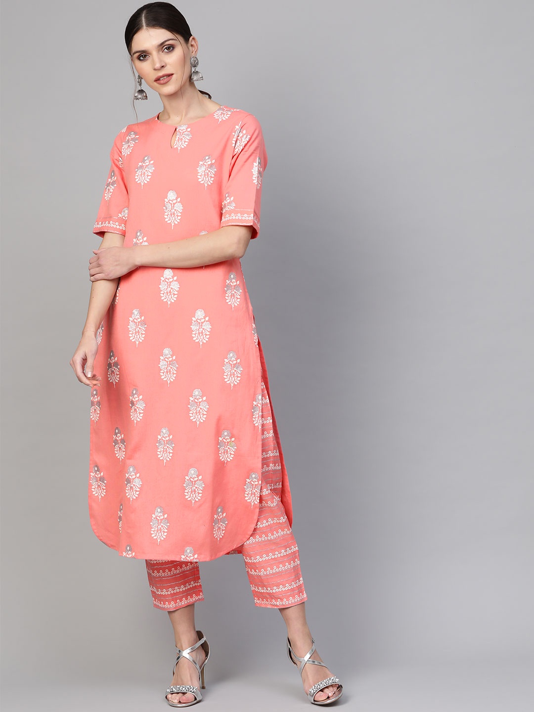 

Indo Era Women Pink & Off-White Foil print Kurta with Trousers