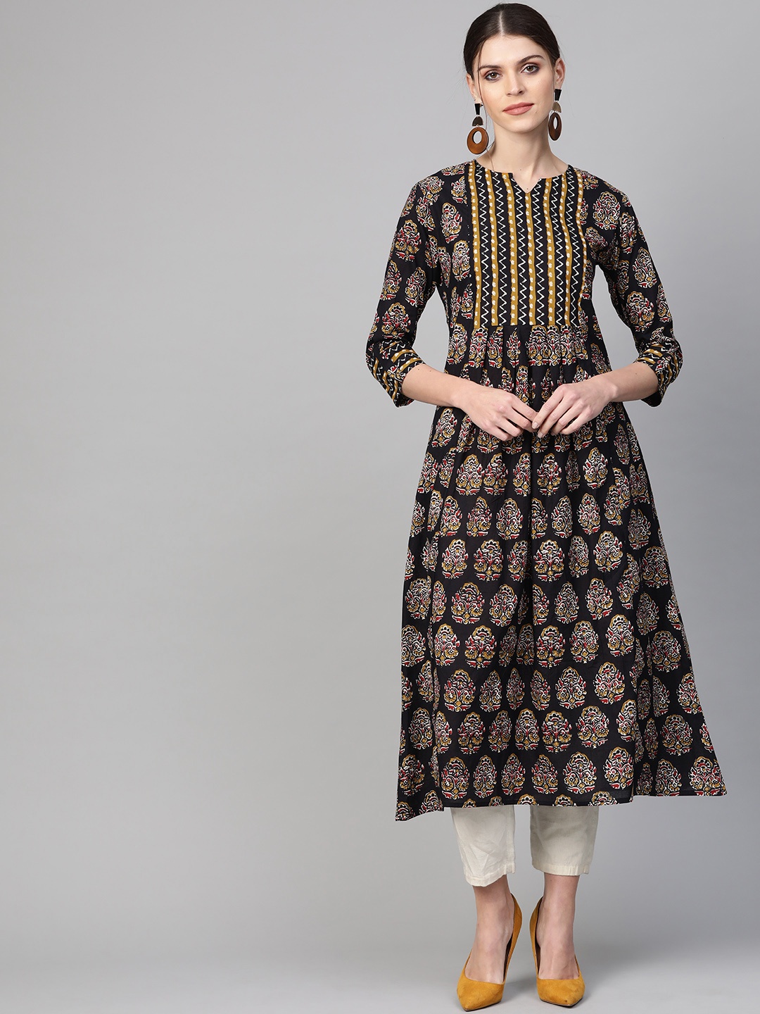 

Indo Era Women Black & Mustard Yellow Screen Printed A-Line Kurta