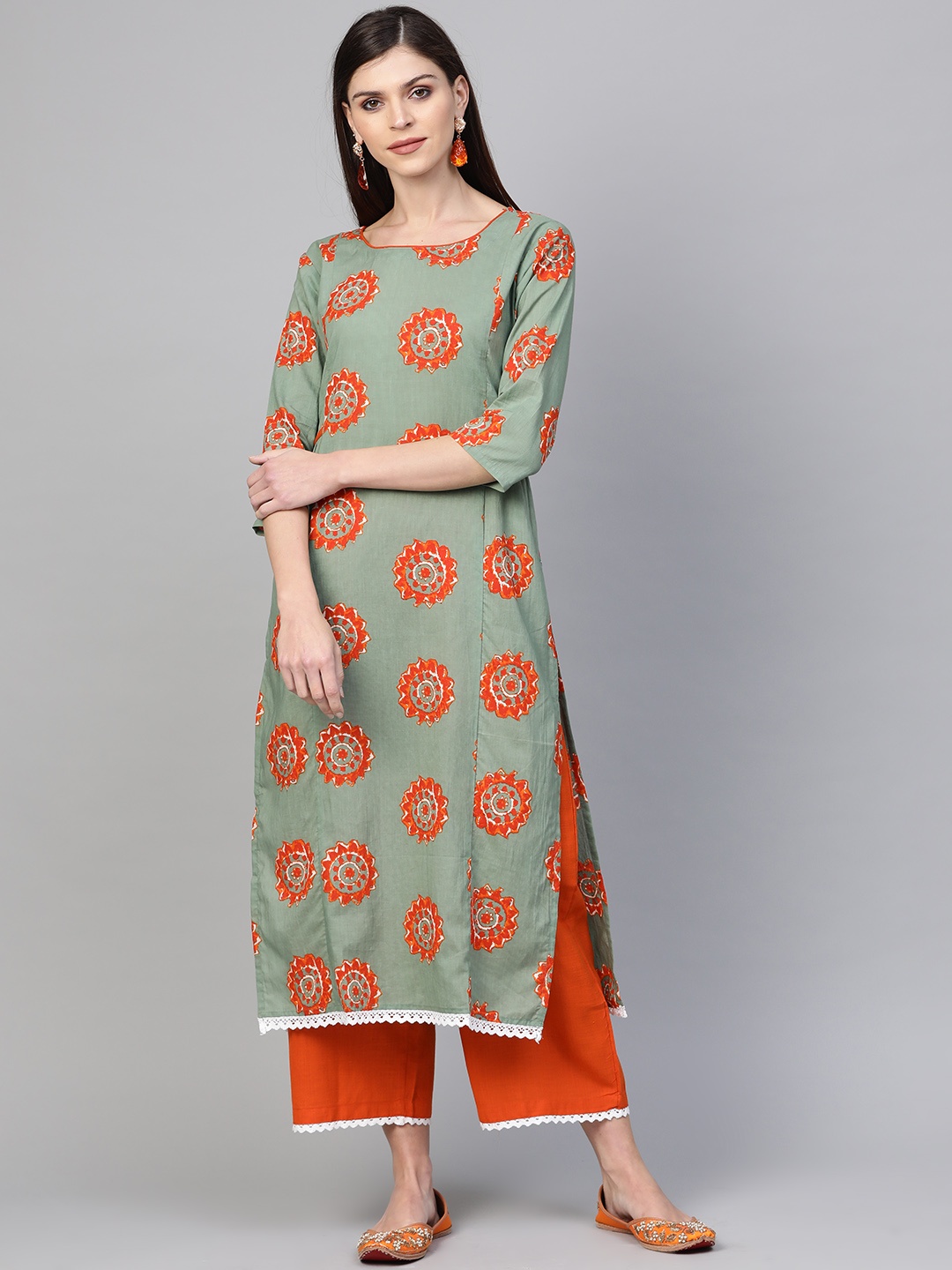 

Indo Era Women Green & Orange Printed Kurta with Palazzos