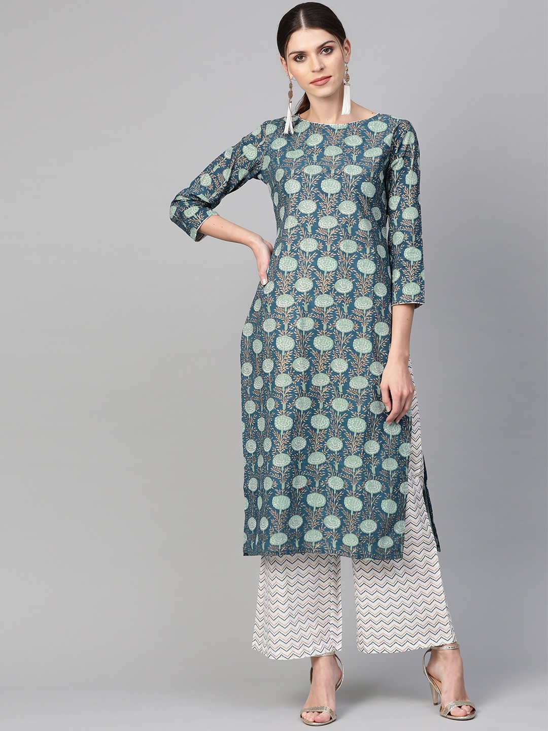 

Indo Era Women Blue & White Foil Printed Kurta with Palazzos