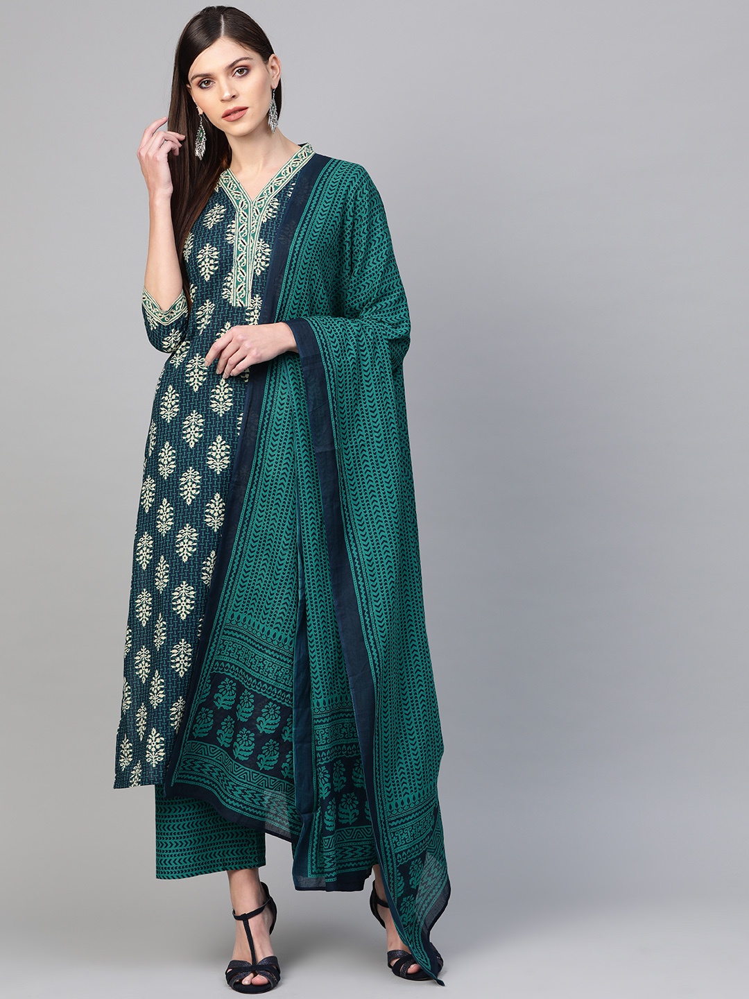 

Indo Era Women Navy Blue & Green Printed Kurta with Palazzos & Dupatta
