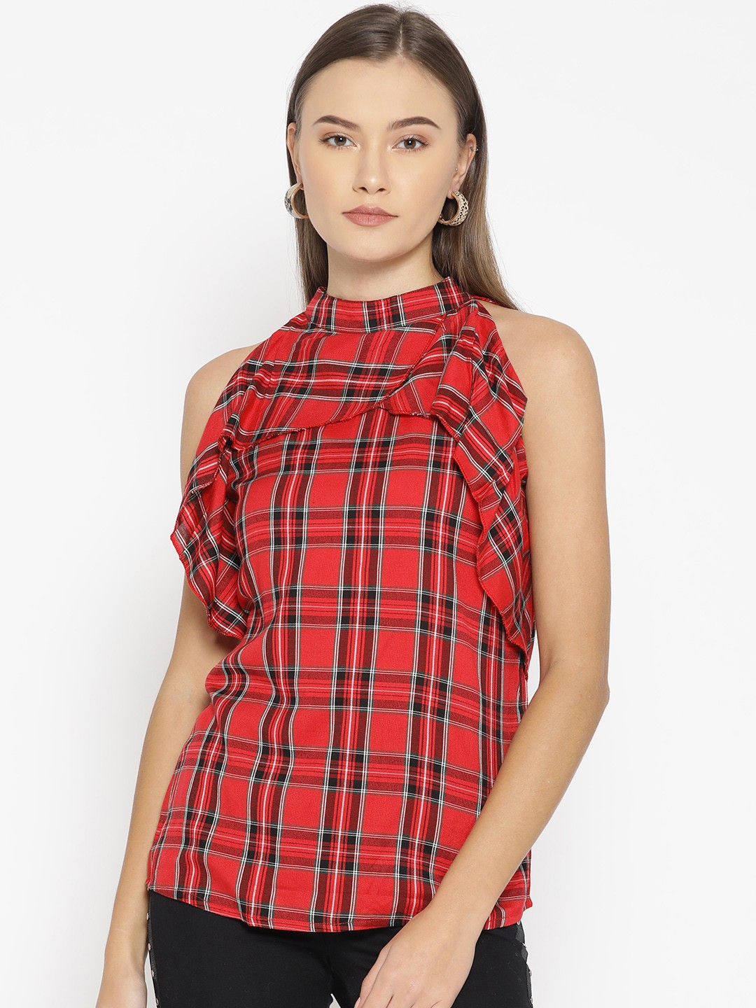 

One Femme Women Red & Black Checked Pure Cotton Top