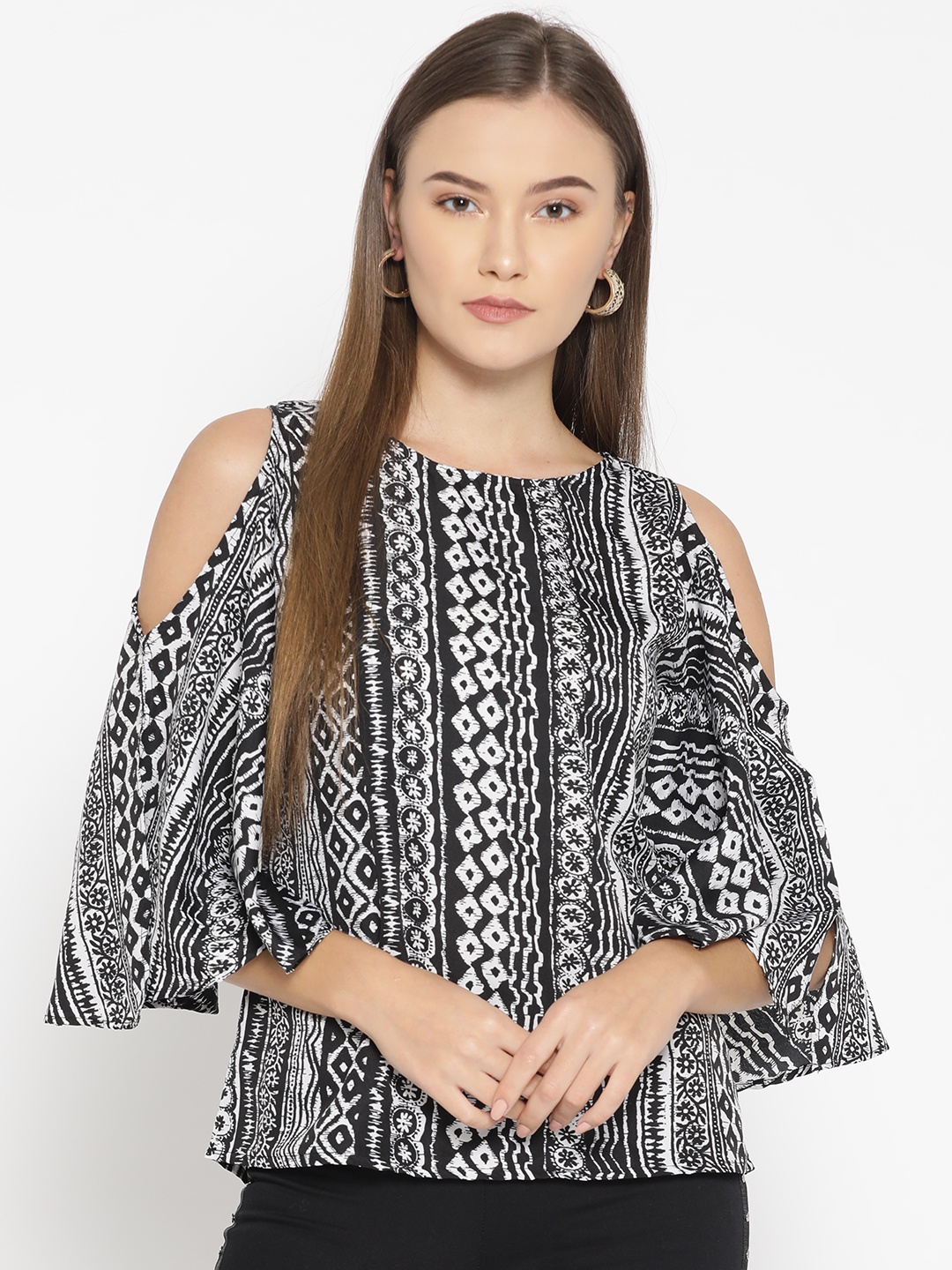 

One Femme Women Black & White Printed Top