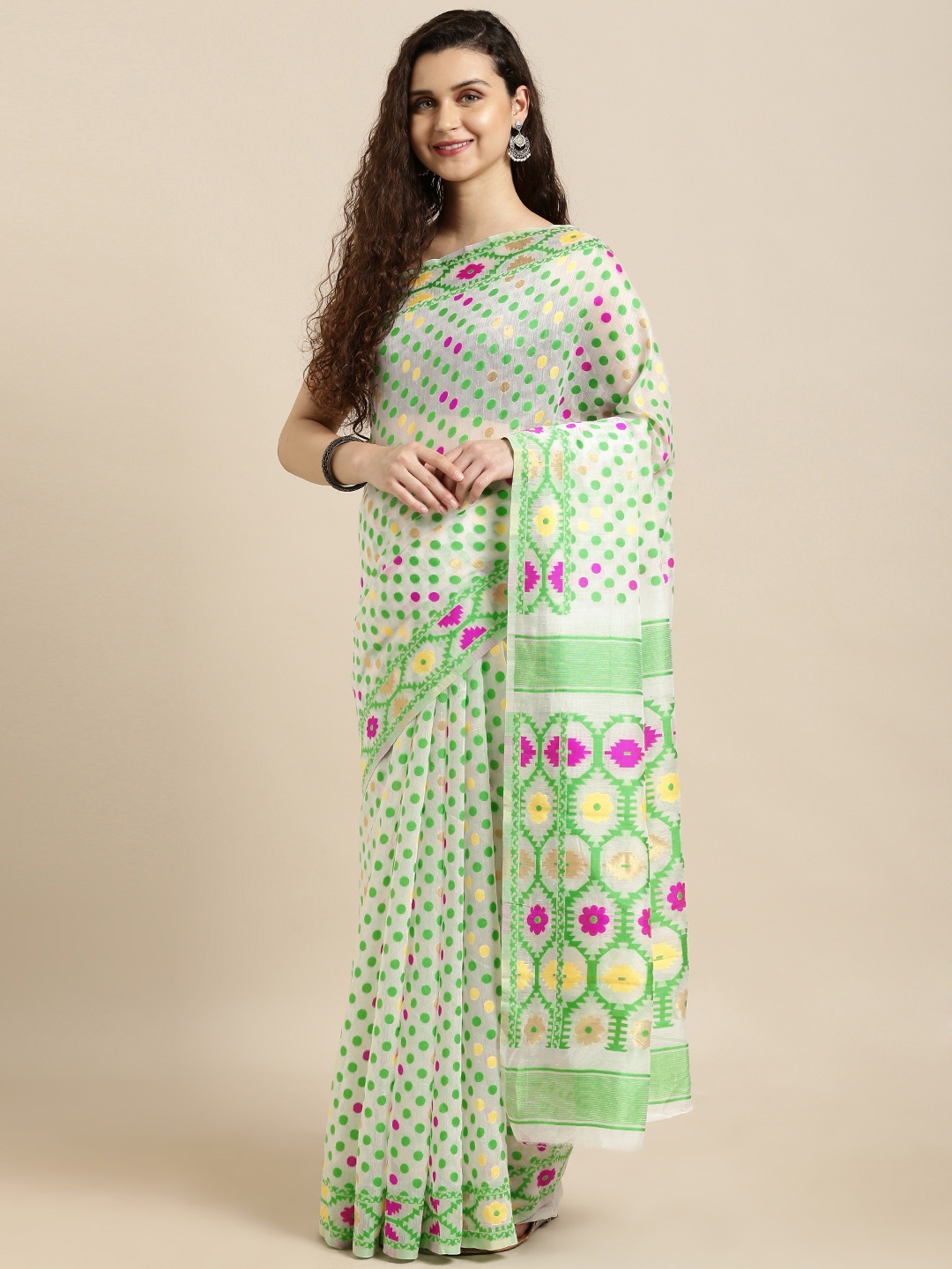 

VASTRANAND White & Green Silk Cotton Woven Design Jamdani Saree