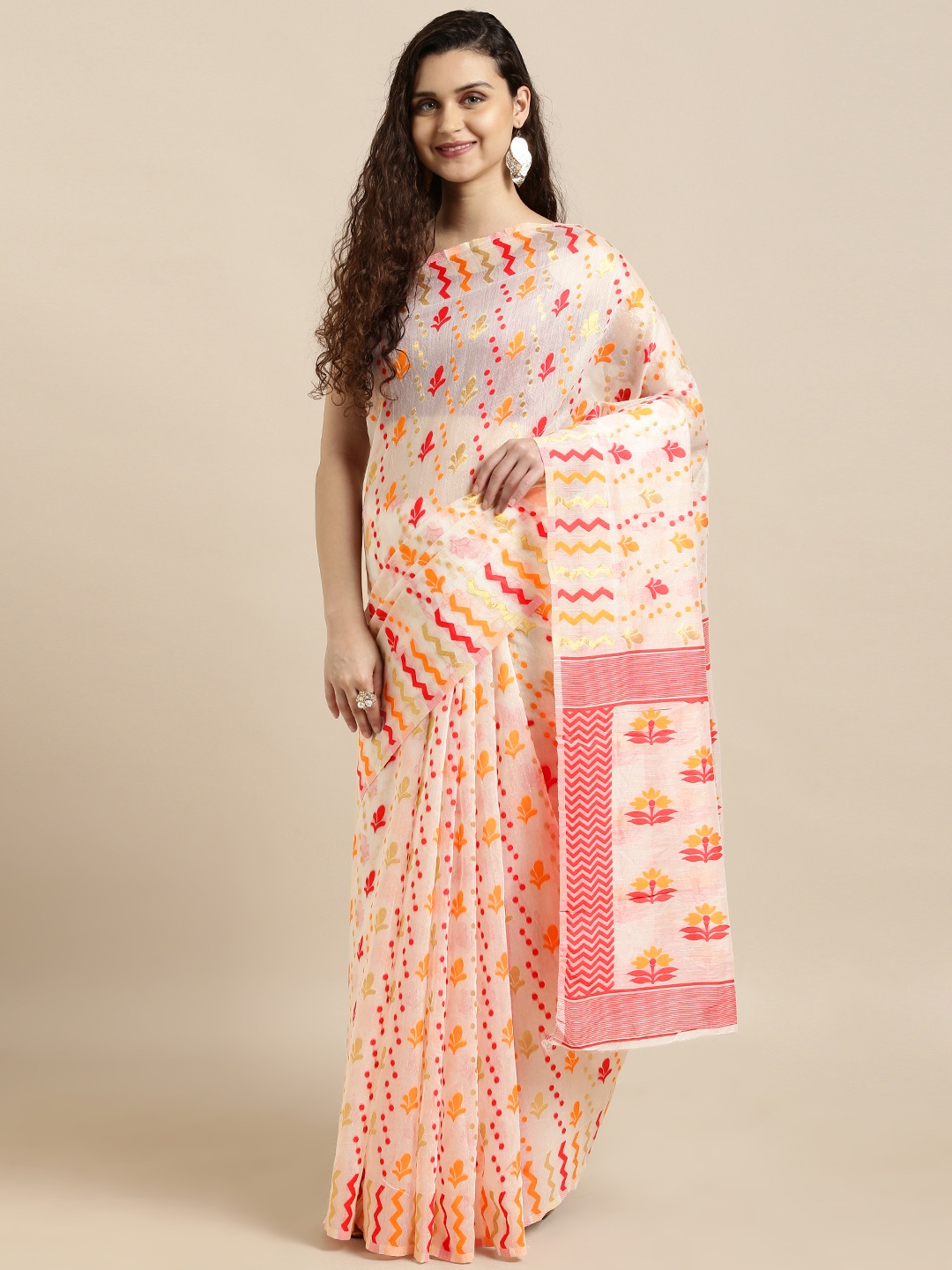 

VASTRANAND White & Red Silk Cotton Woven Design Jamdani Saree
