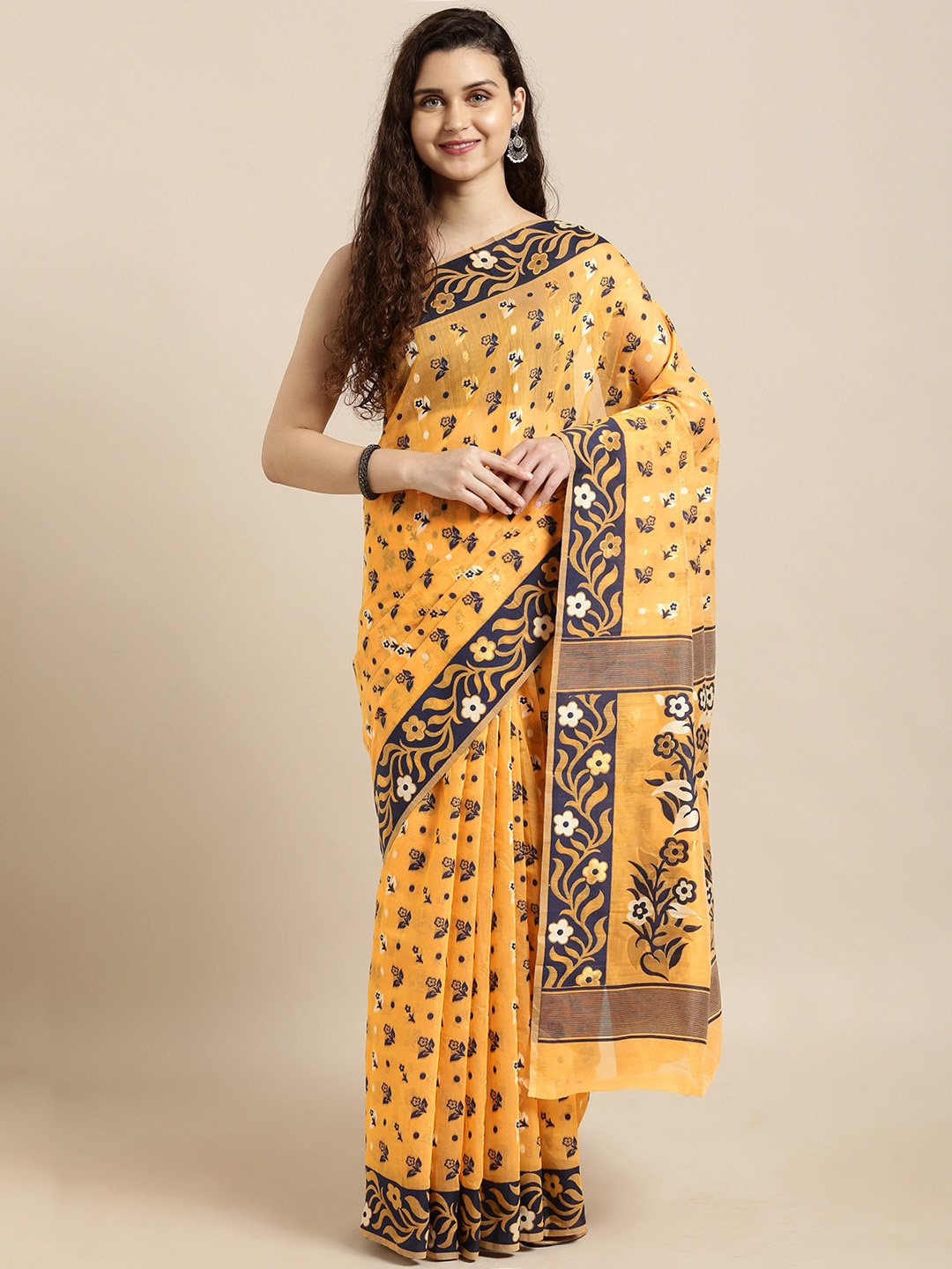 

VASTRANAND Orange & Navy Blue Silk Cotton Printed Jamdani Saree