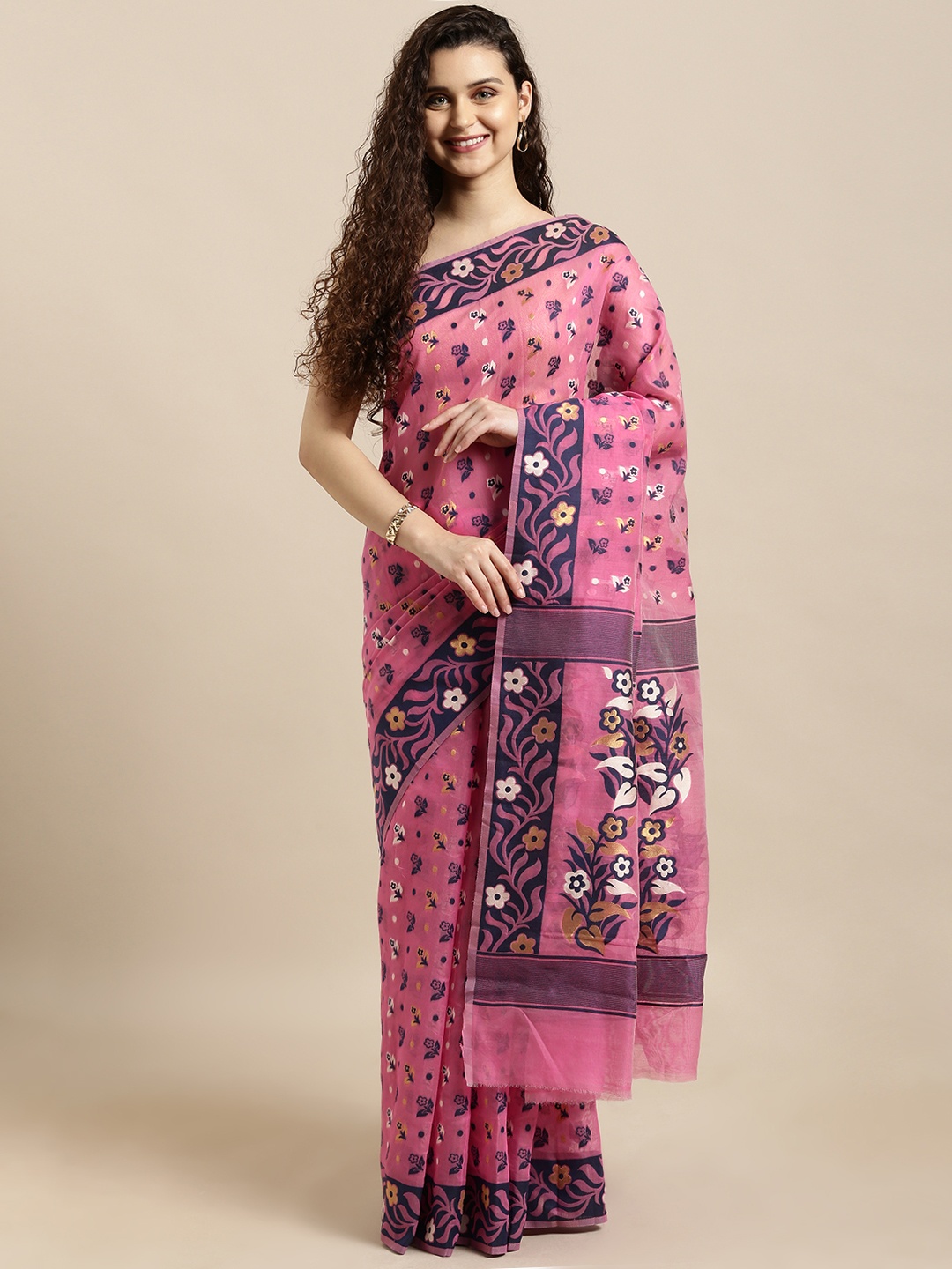 

VASTRANAND Pink & Navy Blue Silk Cotton Woven Design Jamdani Saree