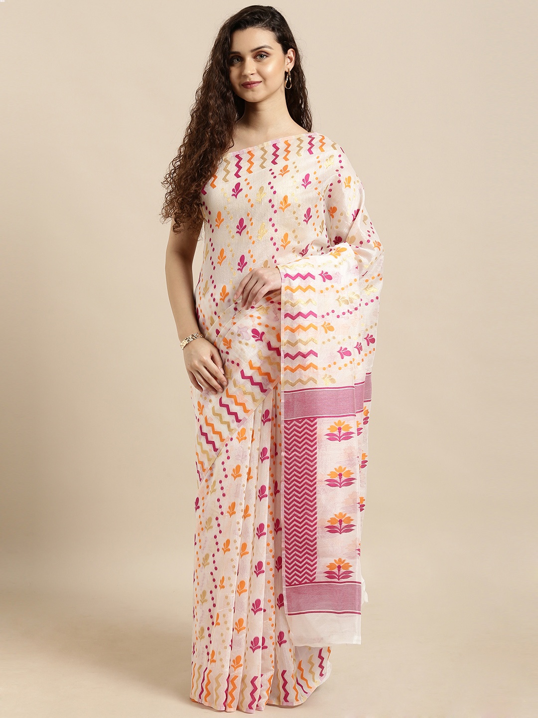 

VASTRANAND White & Orange Silk Cotton Woven Design Jamdani Saree
