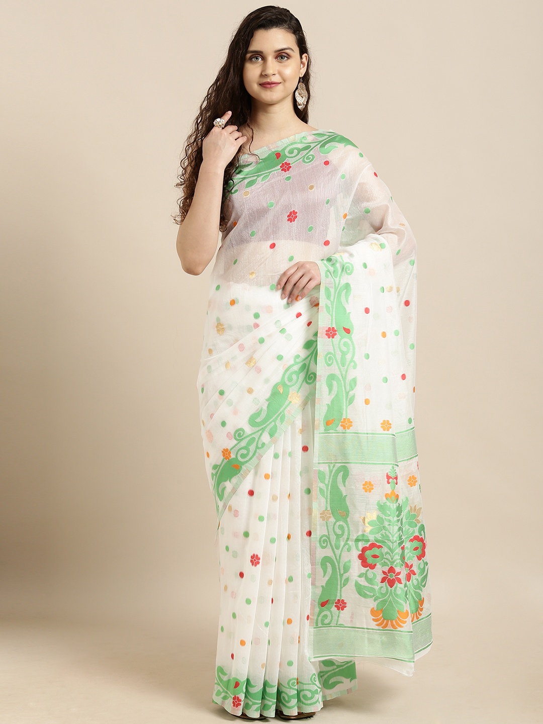 

VASTRANAND White & Green Silk Cotton Woven Design Jamdani Saree