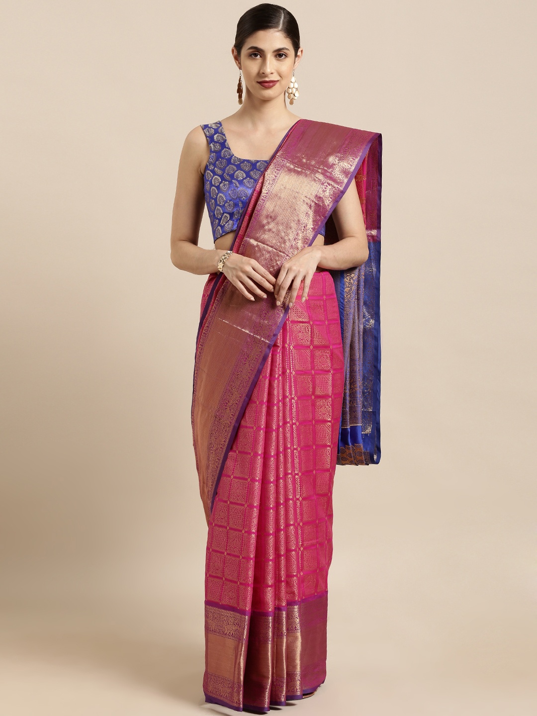 

VASTRANAND Pink & Golden Silk Blend Woven Design Kanjeevaram Saree