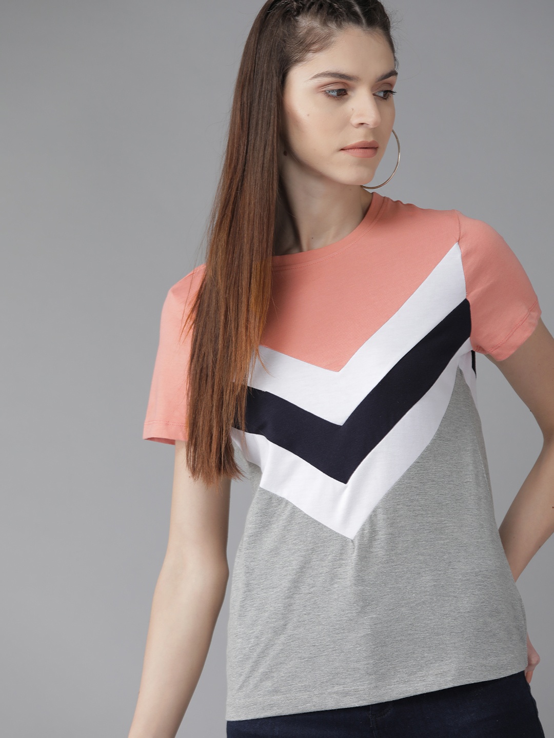 

Roadster Women Dusty Pink & Grey Melange Colourblocked Round Neck T-shirt