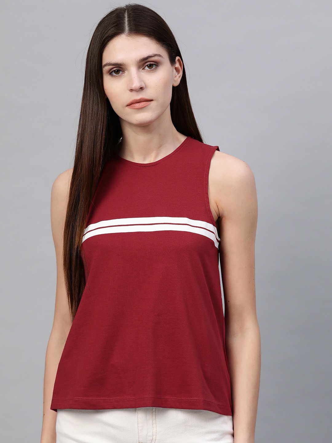 

Roadster Women Maroon & White Solid A-Line Pure Cotton Top