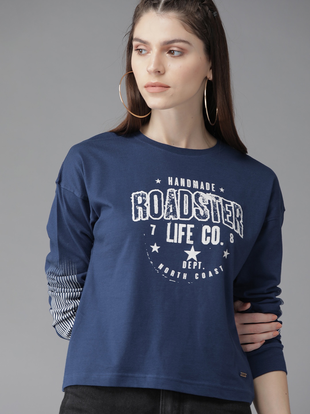 

Roadster Women Navy Blue & Off-White Printed Round Neck Top