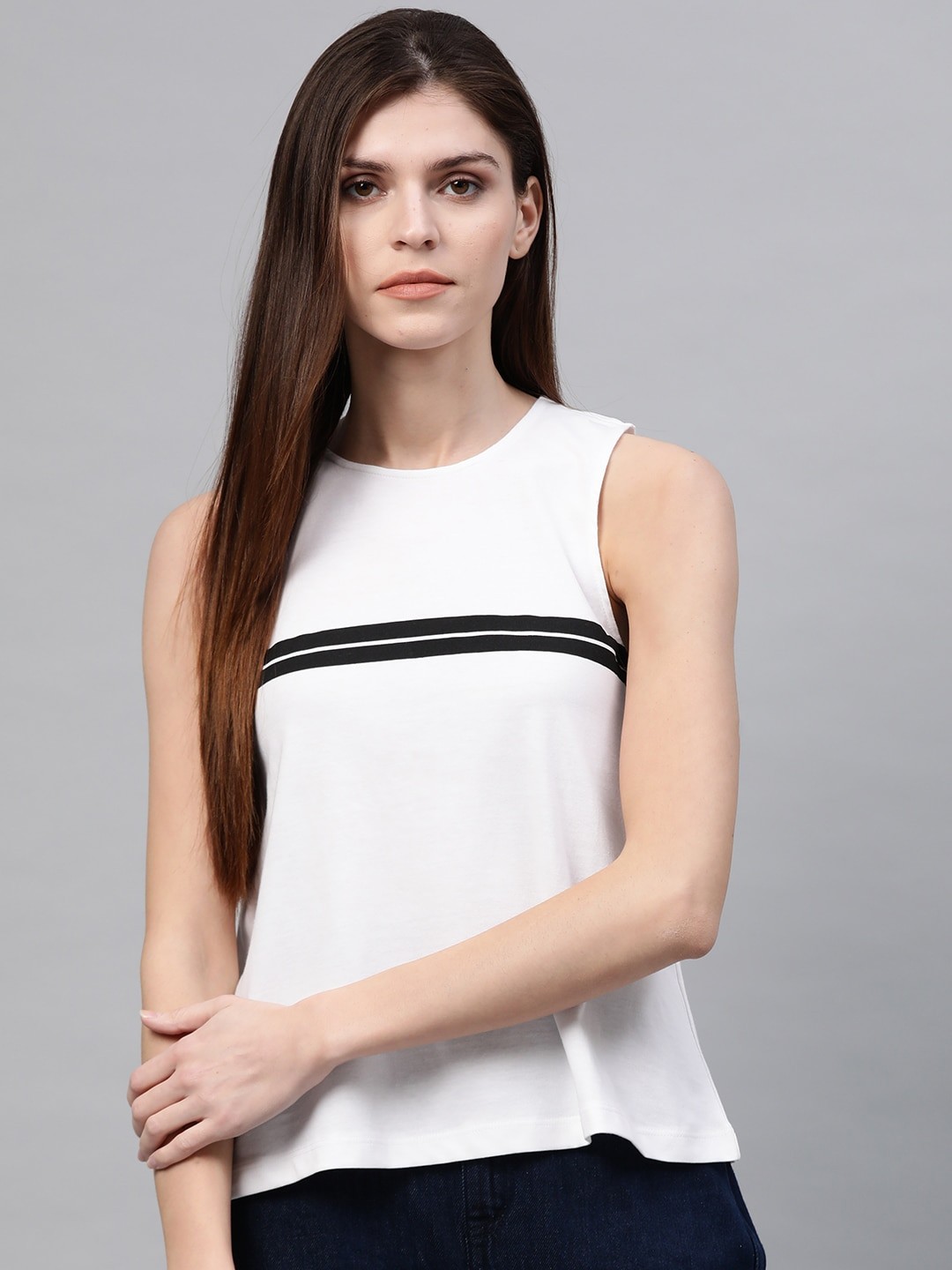 

Roadster Women White & Black Solid A-Line Pure Cotton Top
