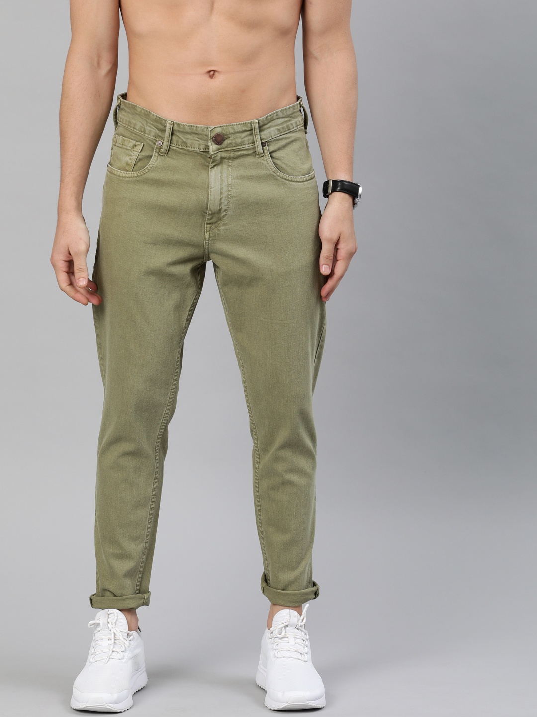 

HERE&NOW Men Olive Green Slim Tapered Fit Mid-Rise Clean Look Ankle Length Jeans