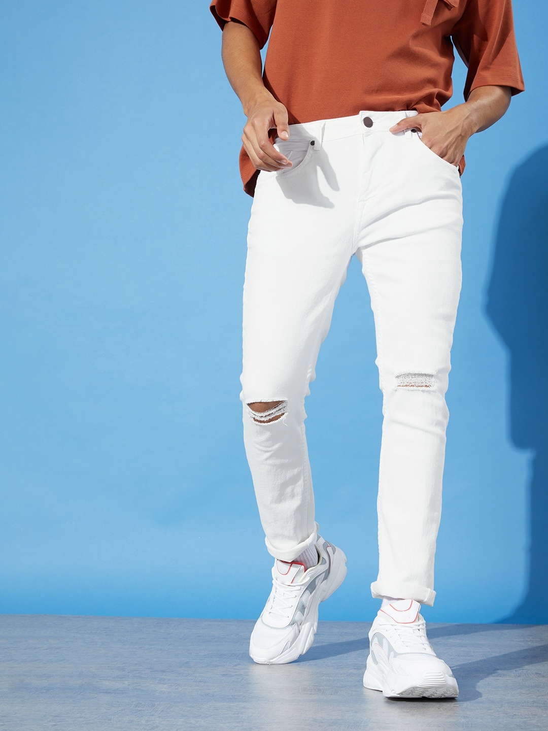 

HERE&NOW Men Milky White Summer Super Lights Skinny Fit Slash Knee Stretchable Jeans