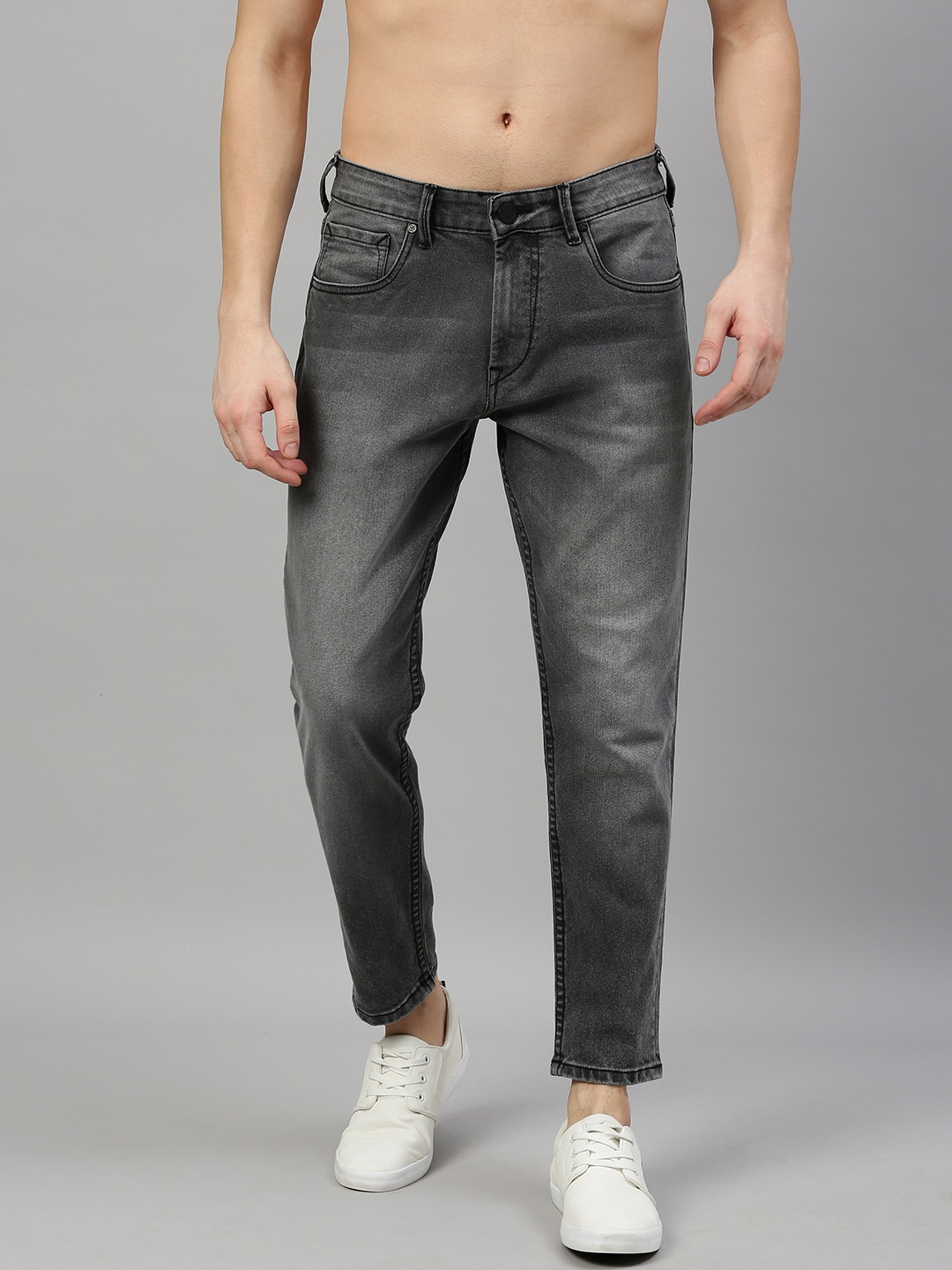 

HERE&NOW Men Grey Ankle Slim Tapered Fit Mid-Rise Clean Look Stretchable Jeans