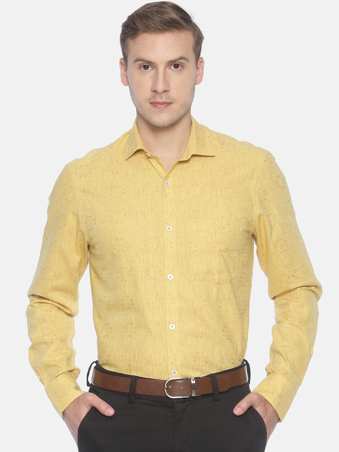 

CAVALLO by Linen Club Men Yellow Printed Linen Cotton Regular Fit Sustainable Formal Shirt