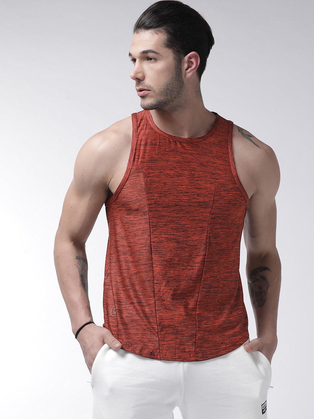 

Chkokko Men Red & Black Self Design Round Neck Gym T-shirt
