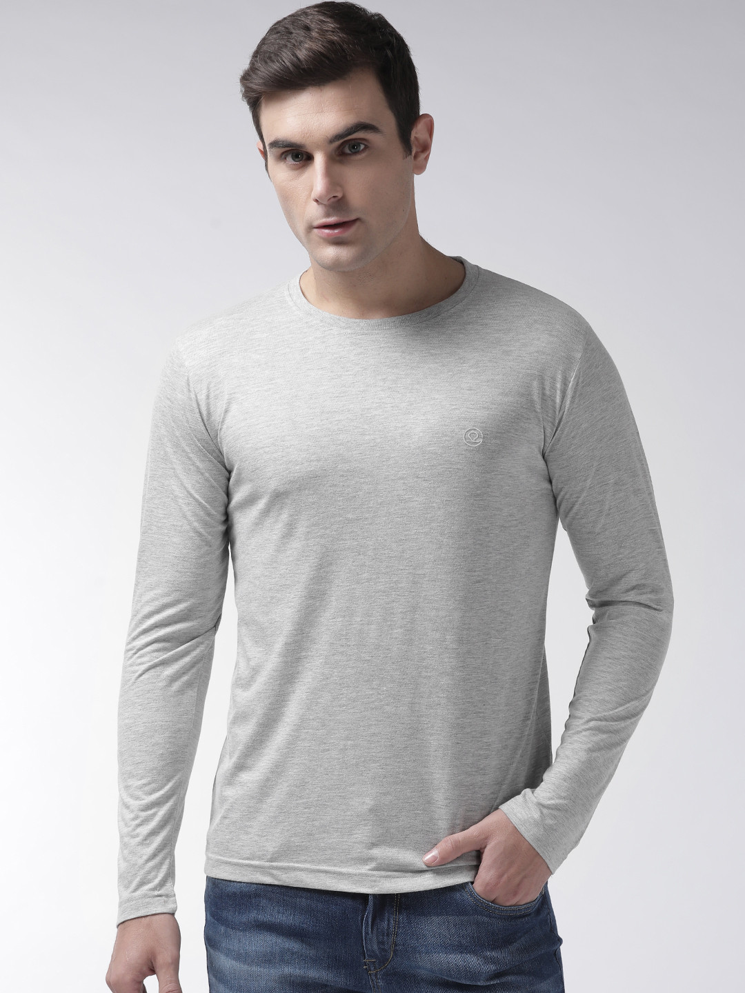 

CHKOKKO Men Grey Melange Solid Round Neck T-shirt
