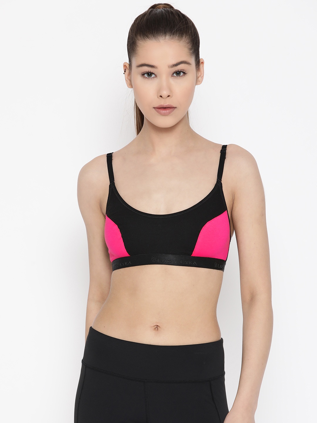 

Lady Lyka Black & Pink Colourblocked Non-Wired Non Padded Sports Bra