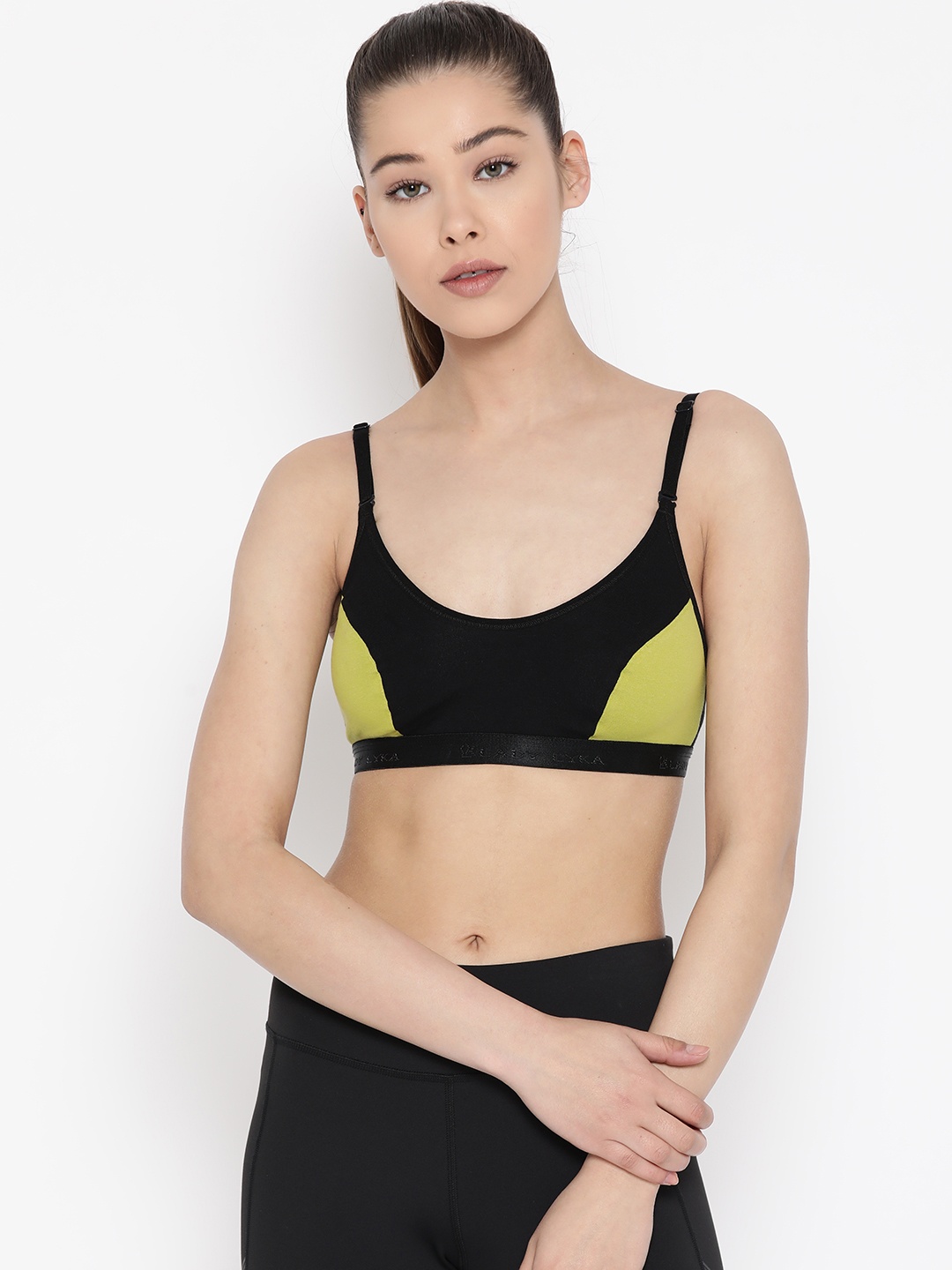 

Lady Lyka Black & Lime Green Colourblocked Non-Wired Non Padded Sports Bra