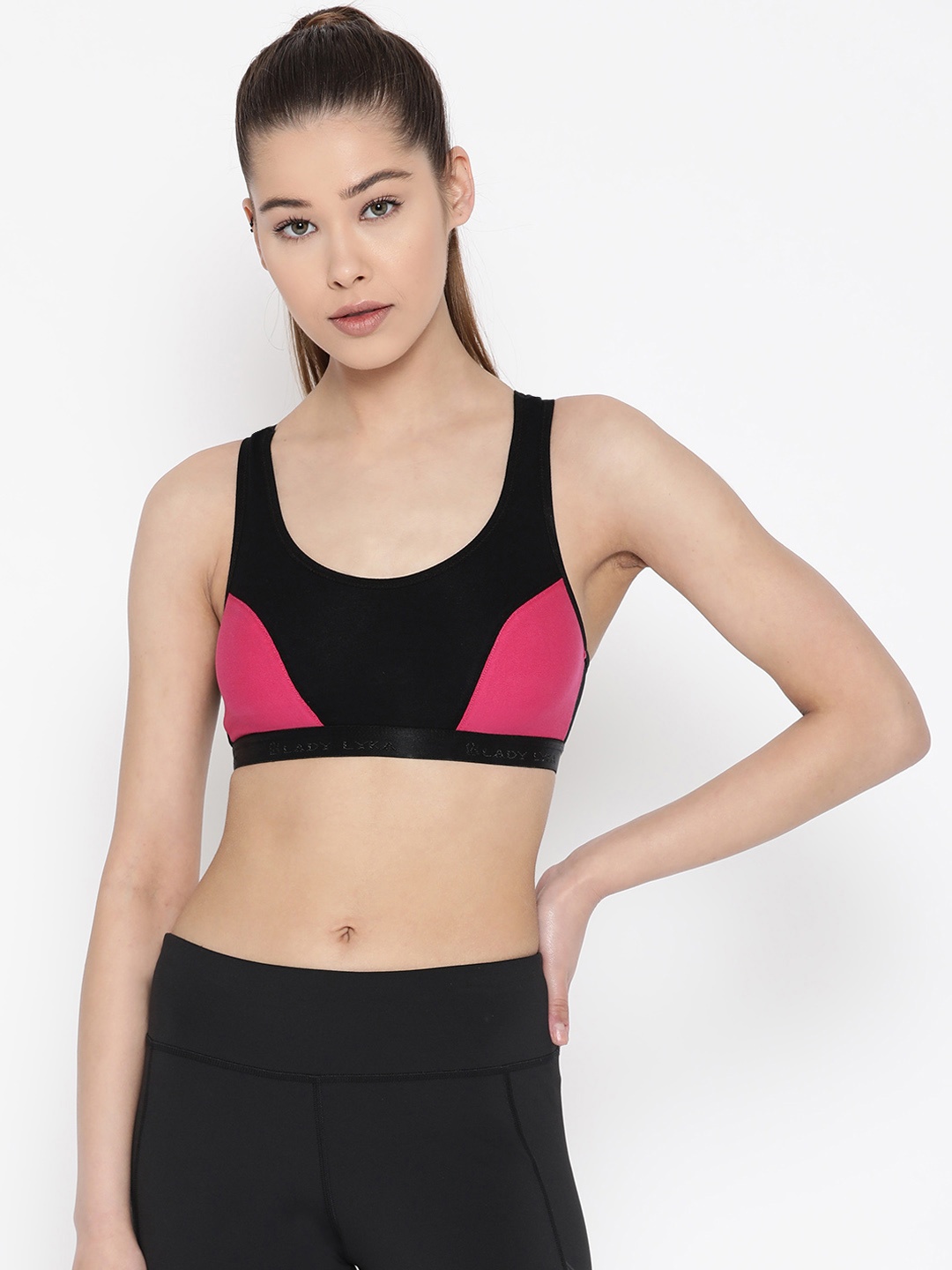 

Lady Lyka Fuchsia & Black Colourblocked Non-Wired Non Padded Sports Bra ROSES-FCA