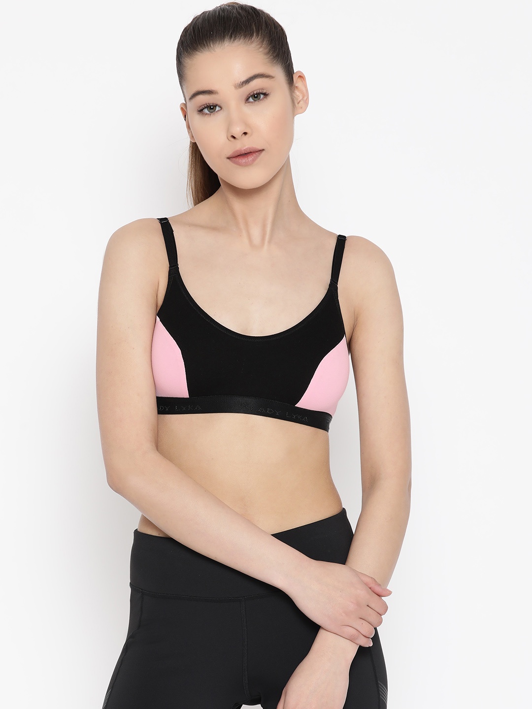 

Lady Lyka Black & Pink Colourblocked Non-Wired Non Padded Sports Bra VELOCITY-PNK