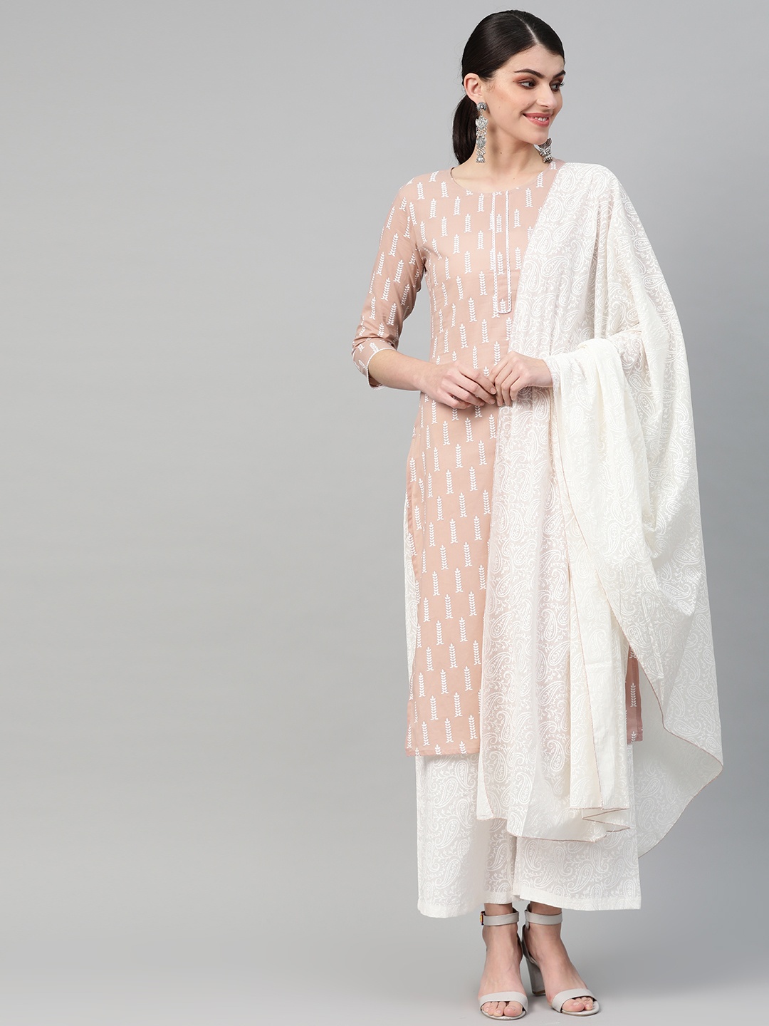 

Yufta Women Mauve & White Printed Kurta with Palazzos & Dupatta