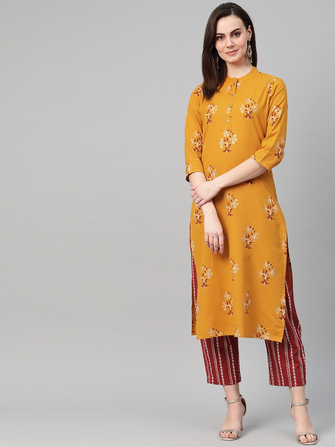 

Yufta Women Mustard Yellow & Maroon Printed Kurta with Palazzos
