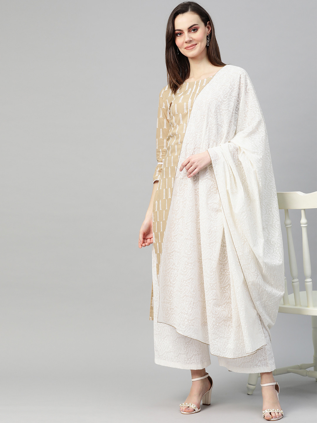 

Yufta Women Beige & White Printed Kurta with Palazzos & Dupatta