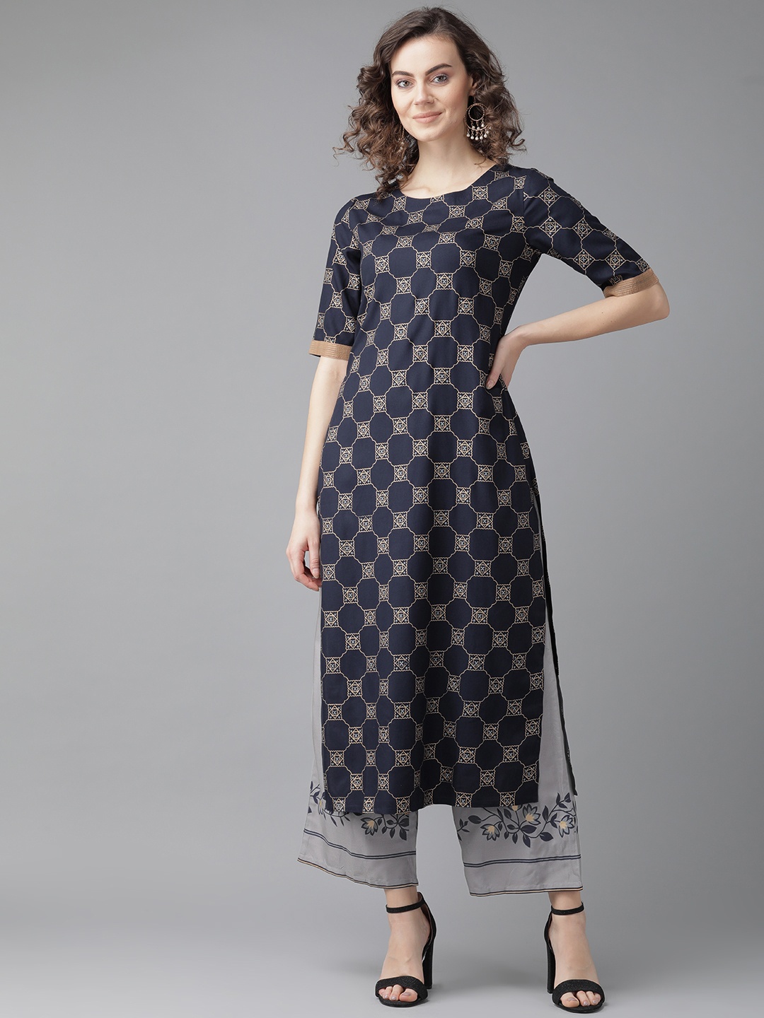 

Indo Era Women Navy Blue & Golden Printed Kurta with Palazzos