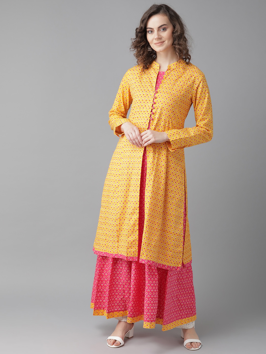 

Indo Era Women Yellow & Pink Screen Print Layered Anarkali Kurta