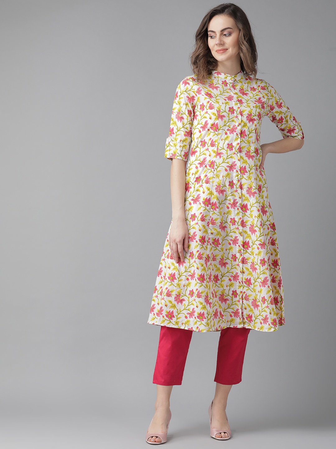 

Indo Era Women Off-White & Pink Screen Print Kurta with Trousers