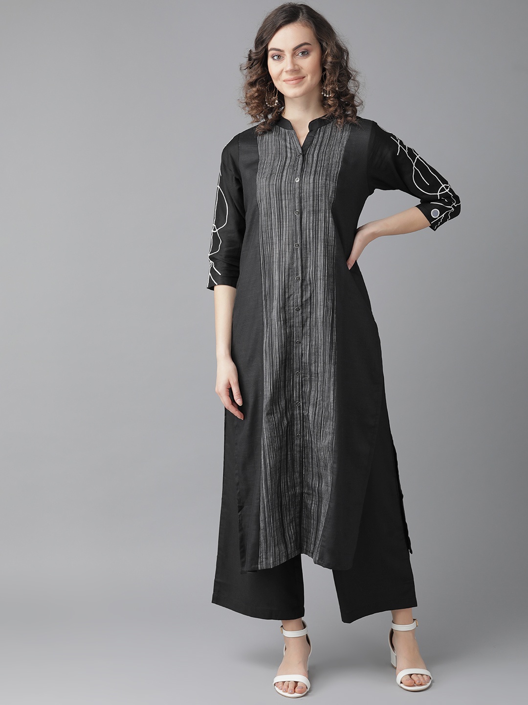 

Indo Era Women Black & White Woven Design Kurta with Palazzos