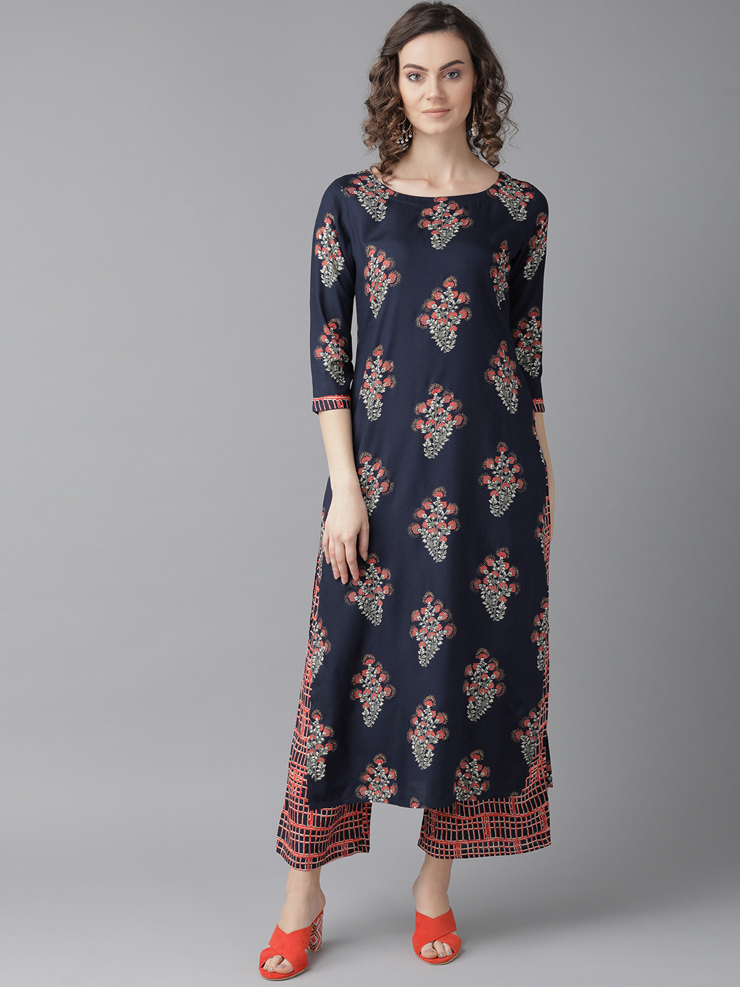 

Indo Era Women Navy Blue & Red Printed Kurta with Palazzos