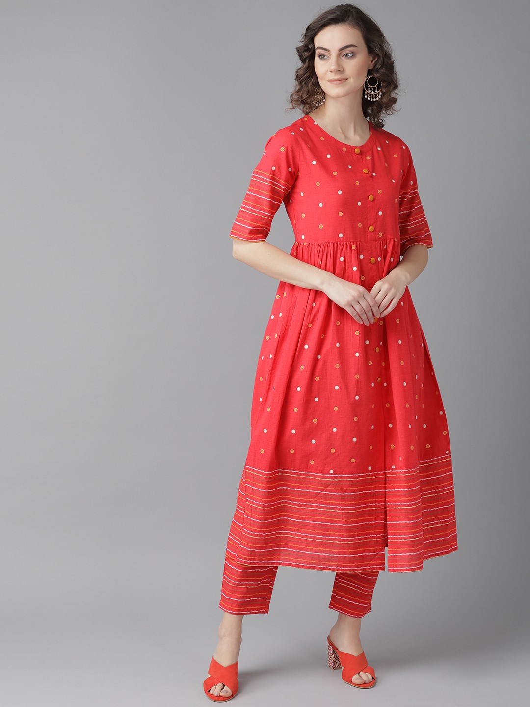 

Indo Era Women Red & White Foil Print Kurta with Trousers