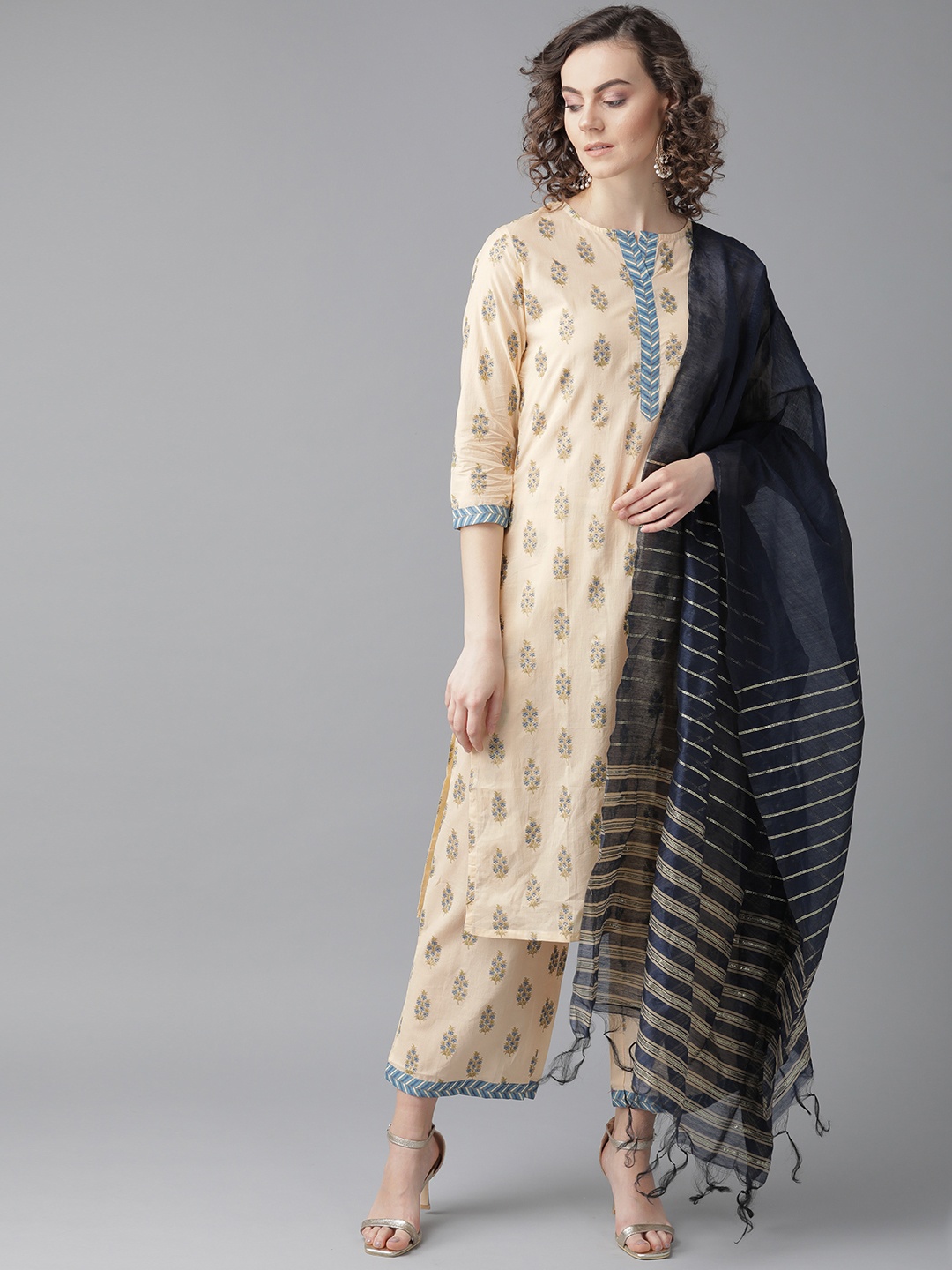 

Indo Era Women Beige & Navy Blue Foil Printed Kurta with Palazzos & Dupatta