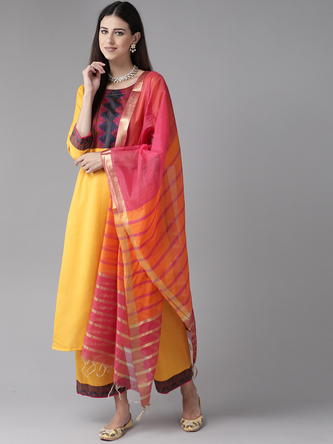 

Indo Era Women Yellow Embroidered Panelled Thread Work Pure Cotton Kurta with Palazzos