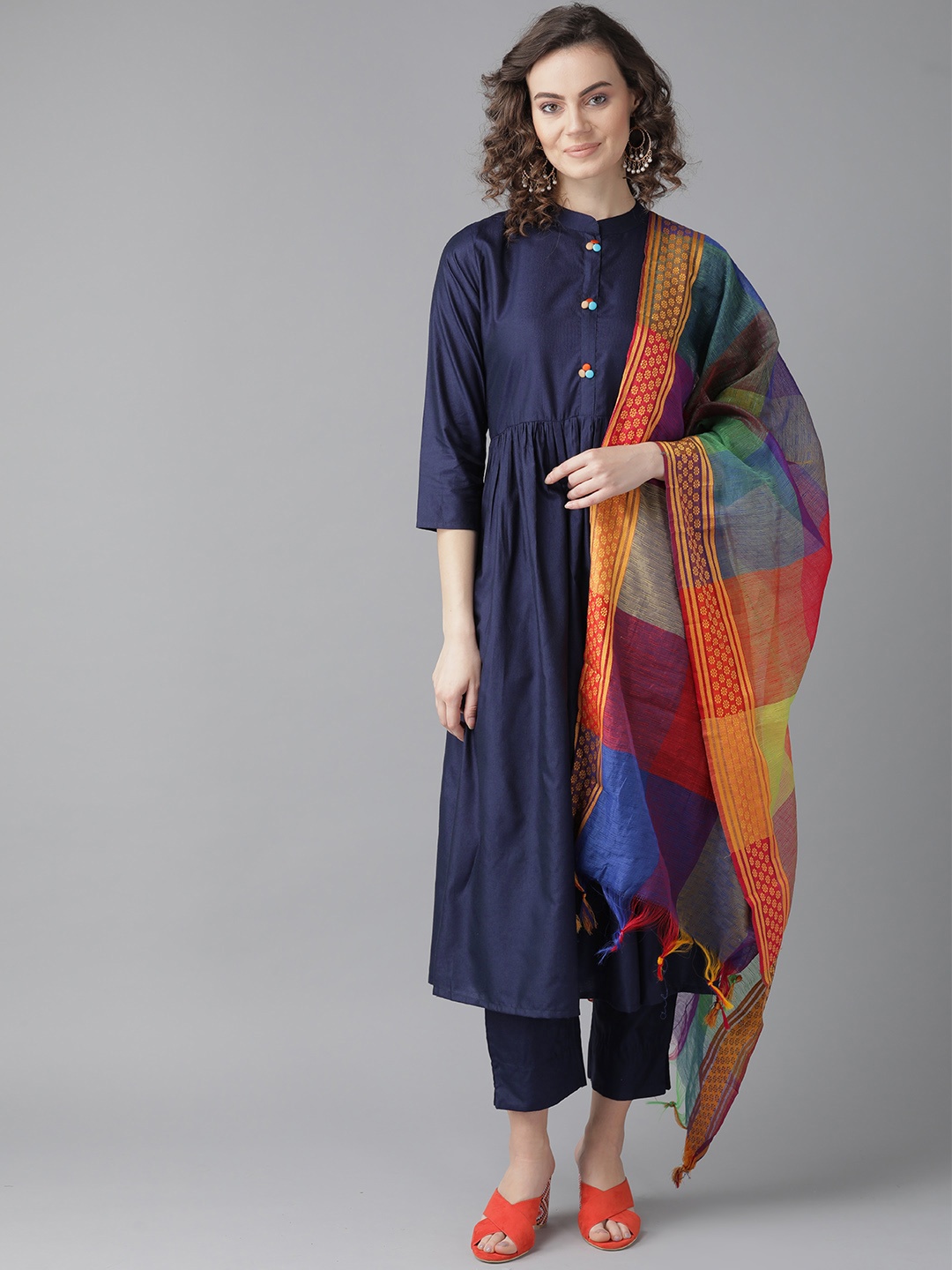 

Indo Era Women Navy Blue Solid Kurta with Trousers & Dupatta