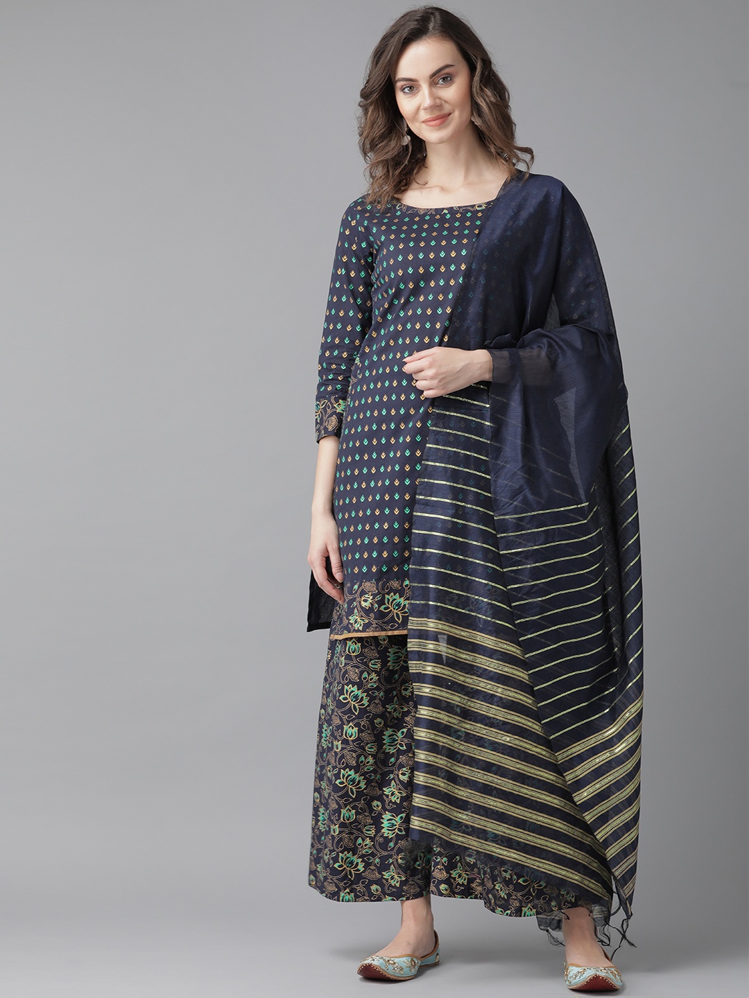 

Indo Era Women Navy Blue & Golden Foil Print Kurta with Palazzos & Dupatta