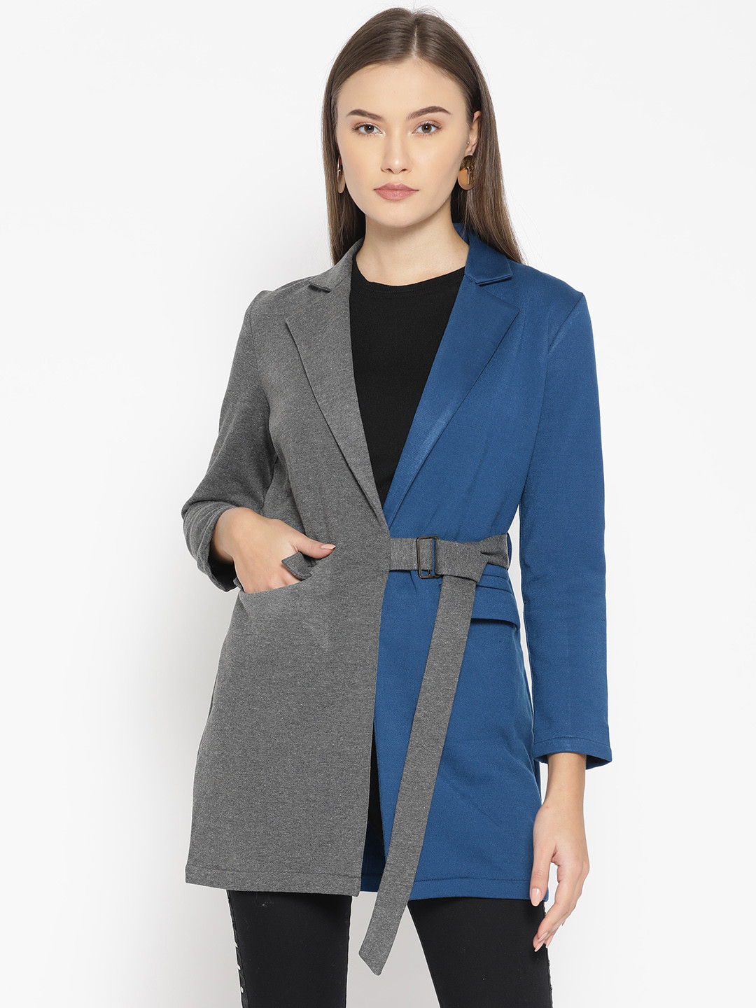 

DODO & MOA Women Charcoal Grey & Blue Colourblocked Open-Front Blazer