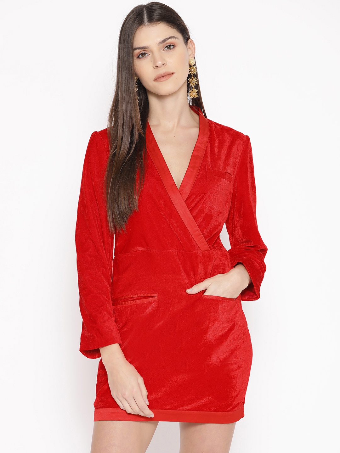 

DODO & MOA Women Red Solid Velvet Finish Mini Wrap Dress